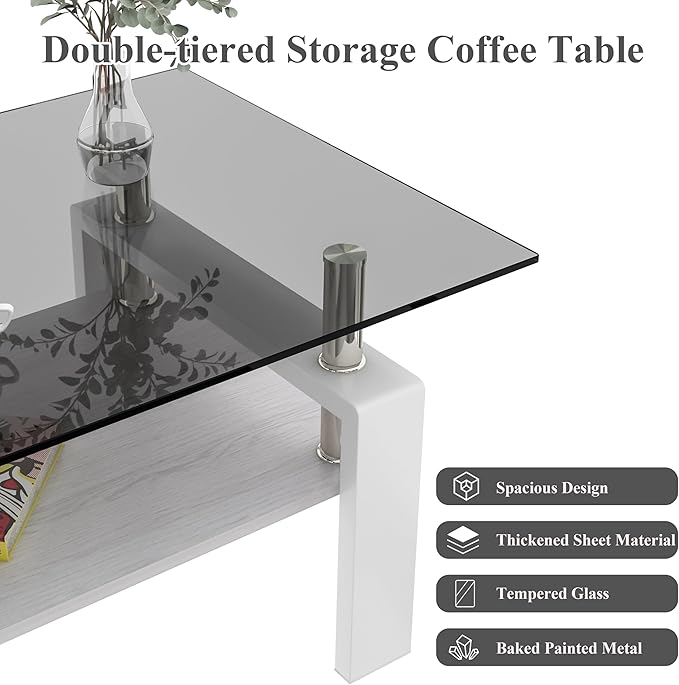 Coffee Table for Living Room, Modern Rectangle Tempered Glass Center Table with MDF Storage Shelf, 220lbs Load-Bearing for Small Space, Apartment, Office (Gray + White + Tempered Glass)