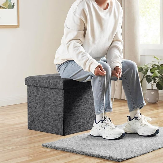 Ornavo Home Foldable Tufted Linen Storage Ottoman Square Cube Foot Rest Stool/Seat - 15" x 15" x 15" (Charcoal)