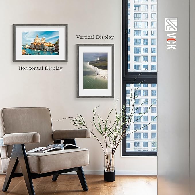 VCK 16x24 Poster Frame 2 Pack - Grey, High-End Wood Picture Frames with Polished Plexiglass, Display 12x18 Photo with Mat or 16x24 without Mat, Art Gallery-Quality, Wall Hanging, Grey