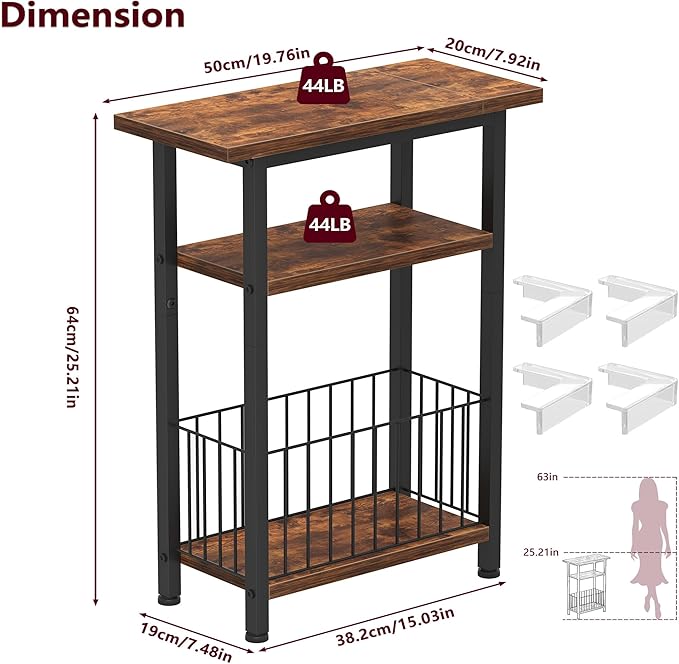 Heybly Small Narrow Side Table for Small Space, Thin Bedside Table with Storage Basket, Skinny End Table, 25.2" Tall Nightstand, Couch Table for Living Room, Bedroom, Study, Rustic Brown, HET004SR1