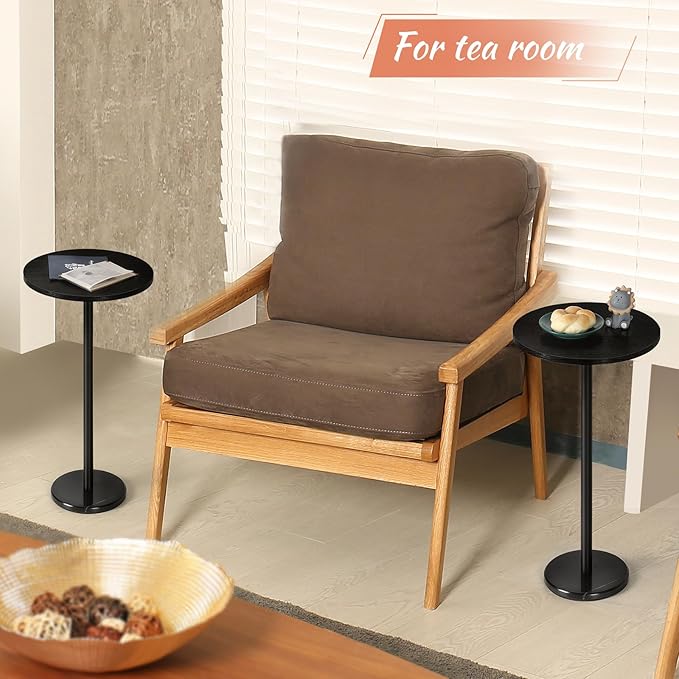 smusei Drink Tables for Small Spaces Pedestal Side Table Set of 2 Small Round Side Tables with Marble Base Black Pedestal Stand for Sofa Couch Chair Patio, Black