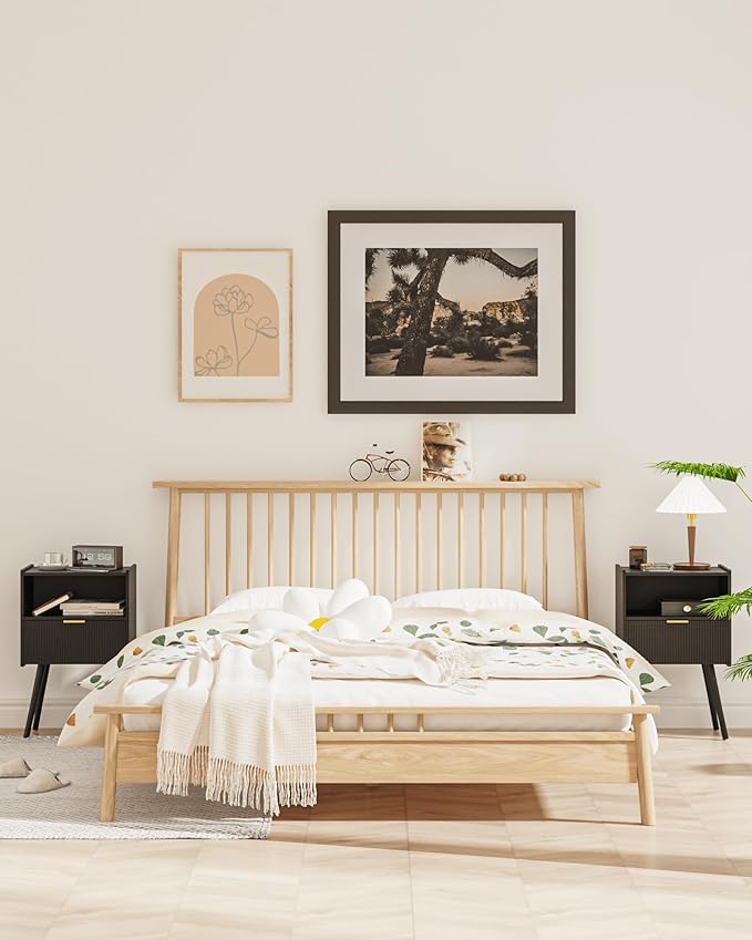 Nightstand,Modern Bedside Table with Storage Drawer and Open Wood Shelf, Accent Night Stand with Solid Wood Legs for Living Room, Bedroom and Small Spaces,Easy Assembly (Black)