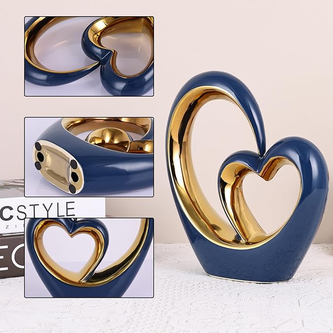 LCCCK Porcelain Double Heart Decor,Blue and Gold Sculpture Home Decor for Living Room Entryway Coffee Dining Table Shelves, Wedding Anniversary, Valentine's Gift for Couples & Lovers Modern