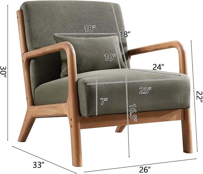 INZOY Mid Century Modern Accent Chair with Wood Frame, Upholstered Living Room Chairs with Waist Cushion, Reading Armchair for Bedroom Sunroom (Green)