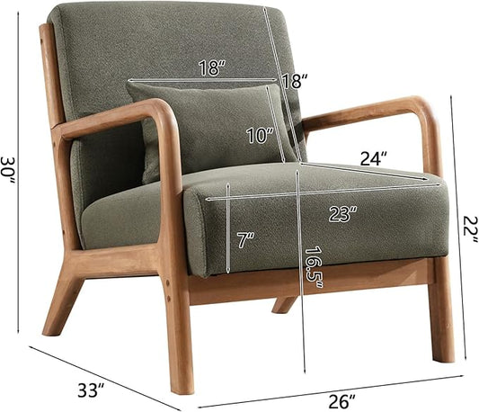 INZOY Mid Century Modern Accent Chair with Wood Frame, Upholstered Living Room Chairs with Waist Cushion, Reading Armchair for Bedroom Sunroom (Green)