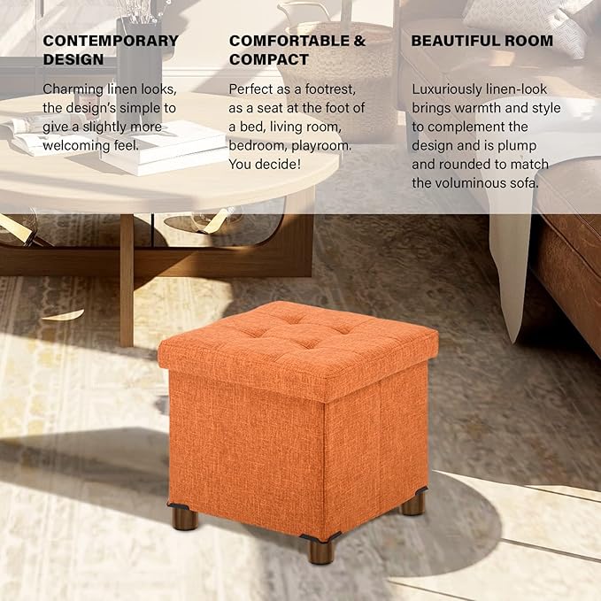 15 Inch Storage Ottoman with Wooden Legs - Cube Foot Rest Stool, Square Footstool, Comfortable Seat with Lid, Foldable Fabric Ottoman, Space-Saving Orange