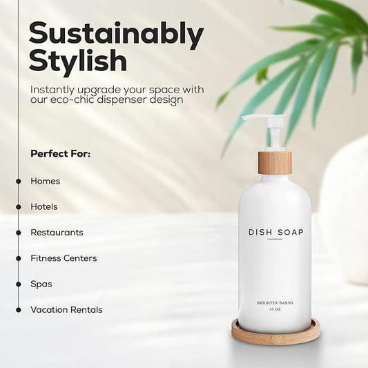 White Glass Dish Soap Dispenser for Kitchen Sink by Brighter Barns - Kitchen Soap Dispenser Set with Tray - Bamboo Pump Bottle - Neutral Minimalist Home Decor in RV, Office, Home, Airbnb, Gift (White)