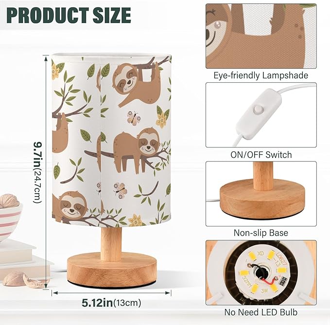 Table Lamp Cute Sloth Butterfly Floral Tree Pattern Nightstand Lamp with Wood Base Fabric Lamp Shade Bedside Desk Lamp for Living Room Bedroom Kids Room Office