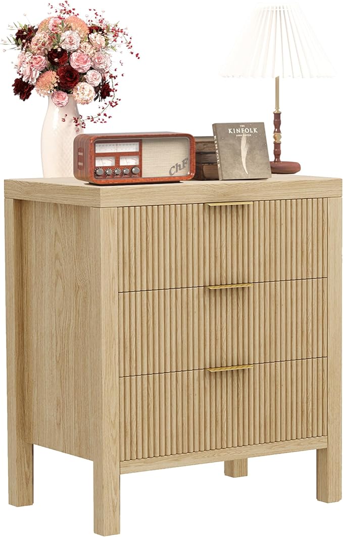 End Table with Storage, Wooden Farmhouse Nightstands with 3 Drawers, Bedside Table - Boho Tall Side Table Accent for Bedroom, Living Room, Nature