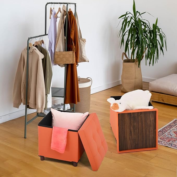 Storage Ottoman for Living Room Ottoman Square with Tray Bedroom Cube Foot Rest Stool with Legs Small Ottomans Coffee Table Lid Foldable Footstool Faxu Leather 15" in (Orange)