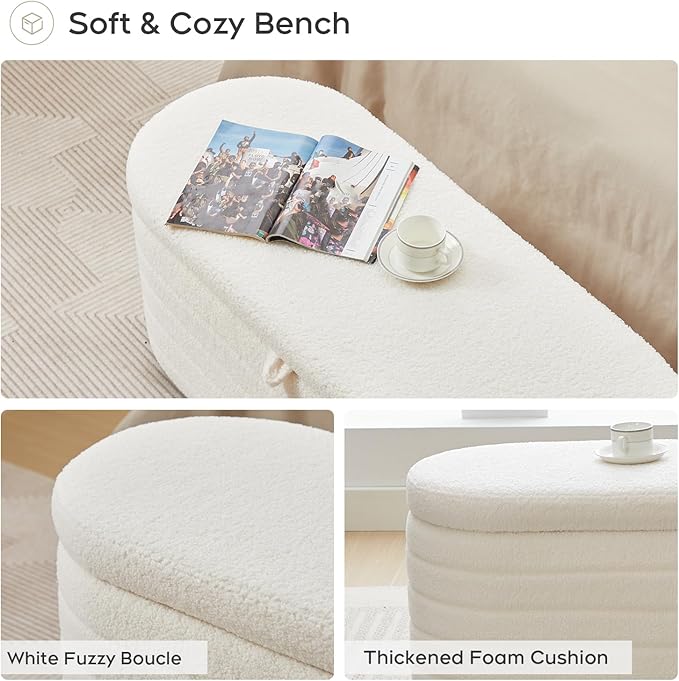 Storage Ottoman Bench End of Bed for Bedroom,45 inch Boucle Upholstered Entryway Shoe Seat Bench w/ Storage,Sherpa Modern Cute Padded Blanket Chest Stool Foot Rest for Living Room,Off-White