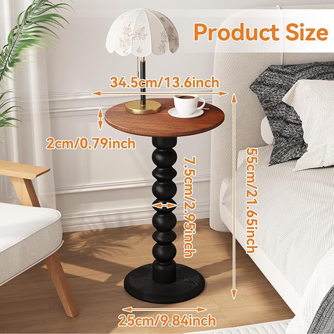 Solid Wood Round Side Table, Small Drink Table,Cocktail Table, Wooden Pedestal End Table, Plant Stand for Living Room, Bedroom，Office and Corners(Walnut/Black)