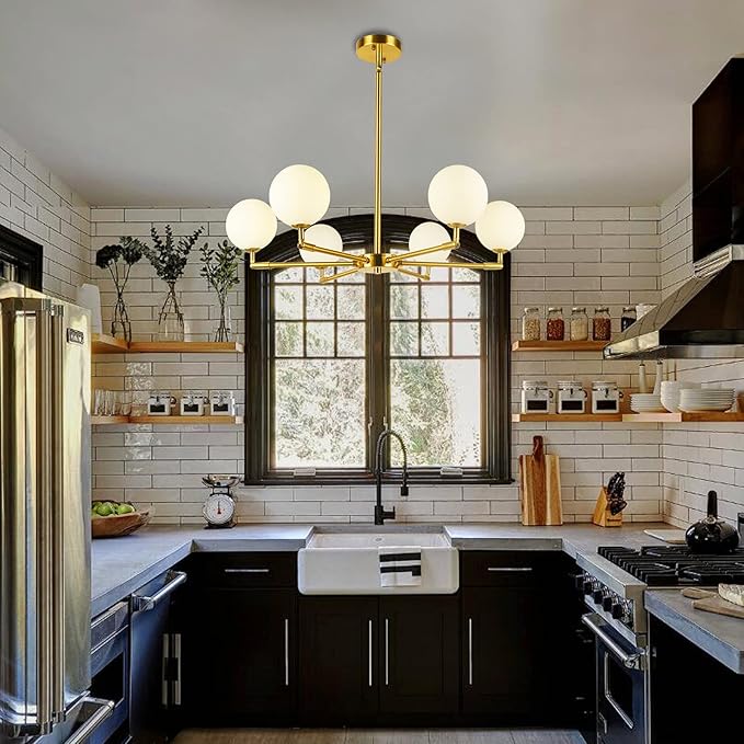 6-Lights Globe Mid Century Chandelier Modern Sputnik Pendant Light Fixture with G9 Bulb Brushed Brass Finished with White Globe Glass Lampshade Dining Kitchen Island Bedroom Lighting (Gold)