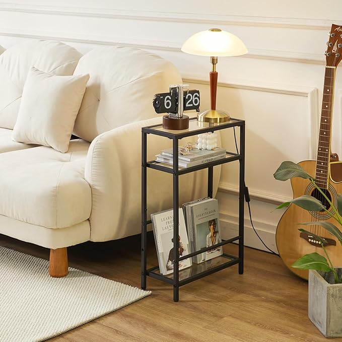 IBUYKE Narrow Side Table with Storage Shelf, 3 Tier Slim End Table,Modern Sofa Table, Small Nightstand, Telephone Table for Small Spaces,for Living Room, Bedroom, Black UTMZ002B