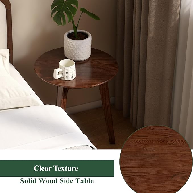 100% Solid Oak Round Side Table, Small Table w/Stable Frame, Round End Table, Small Side Table for Living Room, Bedroom, Couch(Walnut, 17.71" D x 19.68" H)