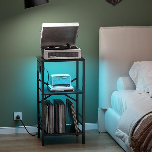 Record Player Stand with Charging Station, 3-Tier Side Table with LED Light, End Table Nightstand for Vinyl Storage, Tall Beside Tables Turntable Stand Living Room, Bedroom, Black