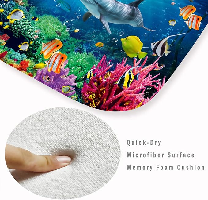Bath Rugs Sponge Foam Absorbent Soft for Bathroom and Kitchen (47x18 inches),Flannel Mat Non Slip Bright 3D Print for Bedside and Living Room(Dolphin Coral Fish School)