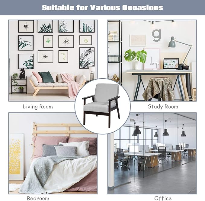 Giantex Mid-Century Modern Accent Chair, Retro Fabric Armchair, Solid Hardwood Made, Upholstered Linen Lounge Arm Chair for Living Room (1, Light Grey)