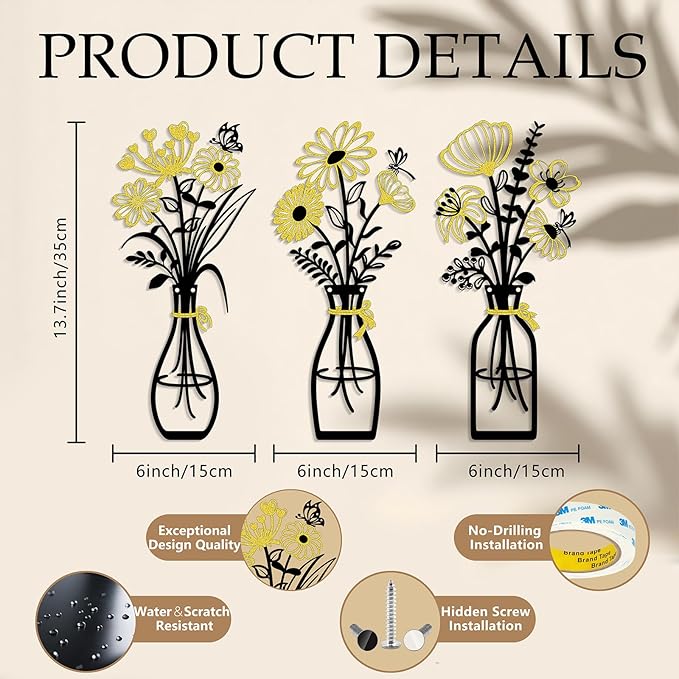 Iron Metal Vase Flower Wall Art Set of 3 - Minimalist Black Floral Decor for Living Room Bedroom Kitchen, Office Garden - Modern Farmhouse Home Decor & Housewarming Gifts (Black-Golden)