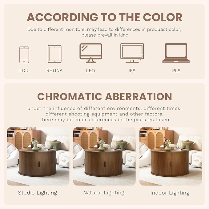 SoarFlash 31.5 Inch Fluted Coffee Table with Storage, Mid Century Modern Round Coffee Table with Shelf, Center Table with Sliding Door and Wood Fluted Handle for Living Room, Walnut