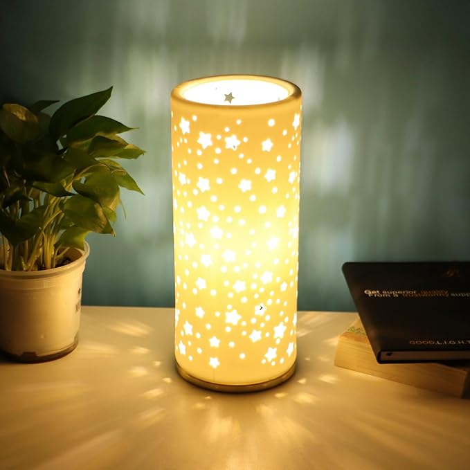 Small Modern Ceramics Bedside Table Lamp, 4.5 x 4.5 x 11 Inch White Starlight Style Nightstand Lamps, Side Table Lamps for Bedroom Living Room Entryway Table Light