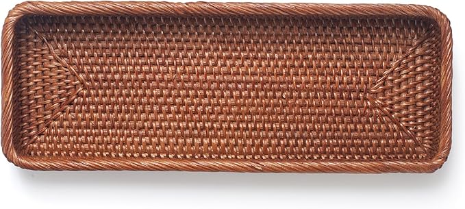 Rattan Bathroom Vanity Trays Toilet Tank Baskets Long Narrow Hand Towel Storage Basket for Storage, Decorative (Honey Brown 16.3 x 6.1 x 2 inch)