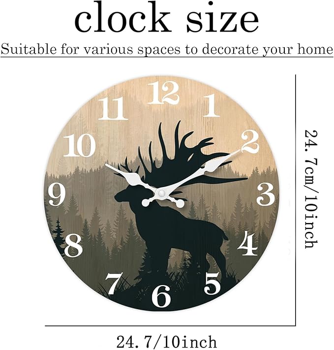 XFM Rustic Elk Deer Wall Clock 10 Inch Silent Wall Clocks Battery Operated Vintage Farmhouse Wooden Clocks Decorative for Living Room Bedroom Kitchen Cabin Decor