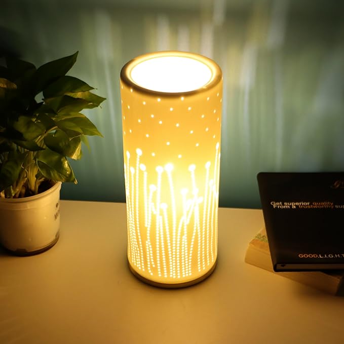 Small Modern Ceramics Bedside Table Lamp, 4.5 x 4.5 x 9.75 Inch White Firework Style Nightstand Lamps, Side Table Lamps for Bedroom Living Room Entryway Table Light
