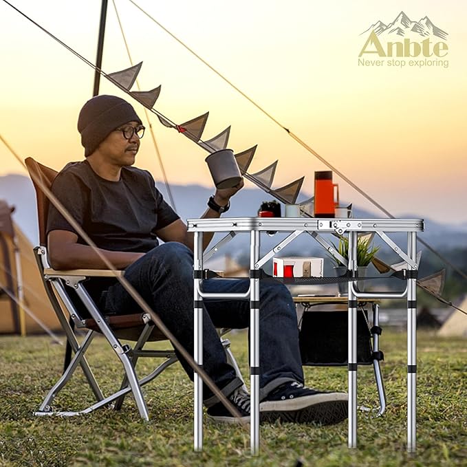 Anbte 2ft Camping Table Foldable, 3 Adjustable Heights 26.3" Aluminum Small Folding Table with Storage Net, Lightweight, Portable Handle for Travel Outdoor Beach Picnic, 23.2" x 16", Silver