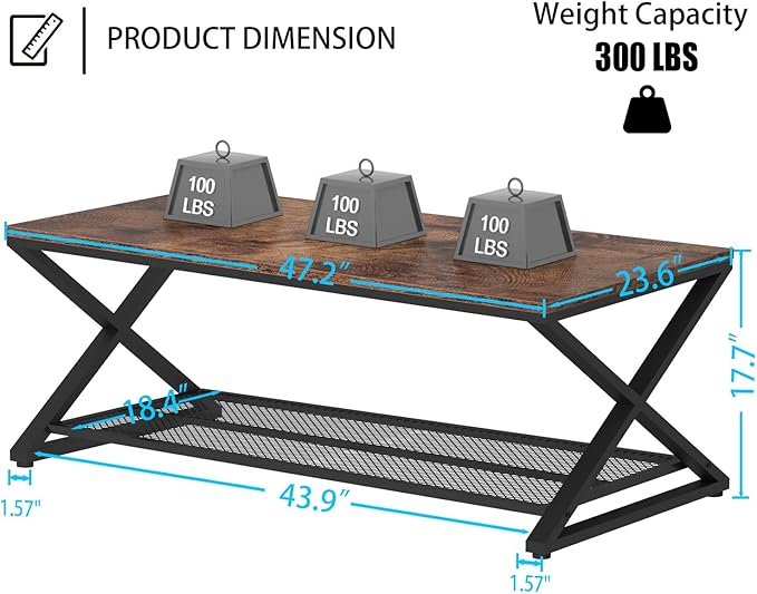 LVB Rustic Coffee Table with Storage, Industrial Wood Metal 2 Tier Center Living Room Table with Mesh Shelf, Farmhouse Wooden Low Rectangle Cocktail Tea Table for Office Bedroom, 47 inch, Rustic Brown