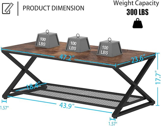 LVB Rustic Coffee Table with Storage, Industrial Wood Metal 2 Tier Center Living Room Table with Mesh Shelf, Farmhouse Wooden Low Rectangle Cocktail Tea Table for Office Bedroom, 47 inch, Rustic Brown