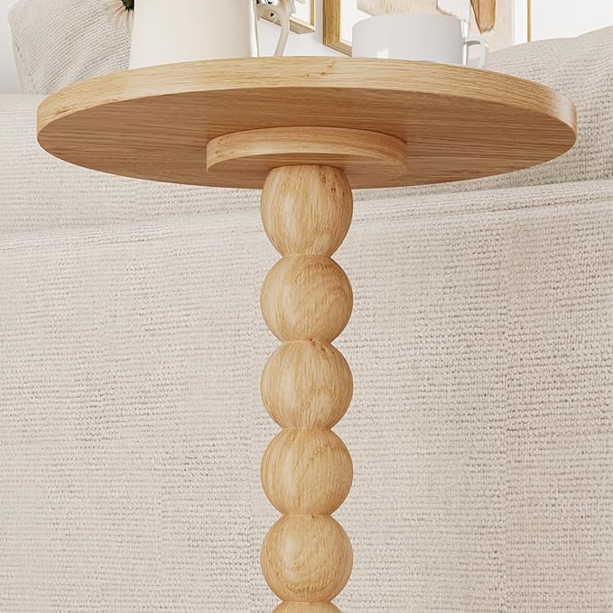 Round Side Table, Small Drink Table for Small Spaces, Pedestal End Table for Living Room, Modern Accent Nightstand with Solid Wood Leg for Bedroom, Corners and Office Natural Color UTBT005M