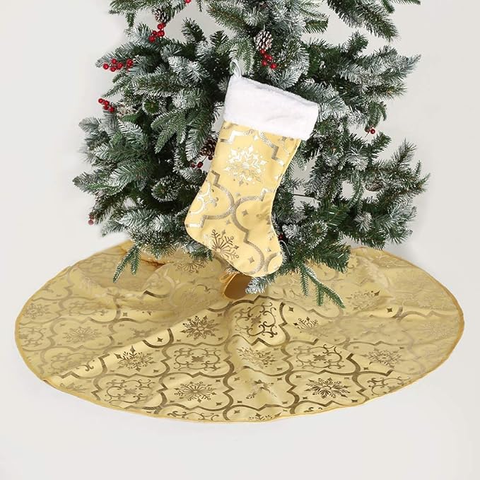 Flash World 36 Inch Large Christmas Tree Skirt Xmas Soft Cover Mat Decor Snowflake Collar Farmhouse Tree Skirt for Holiday Ornaments Party Home Indoor Decorations (Yellow, 48INCH)