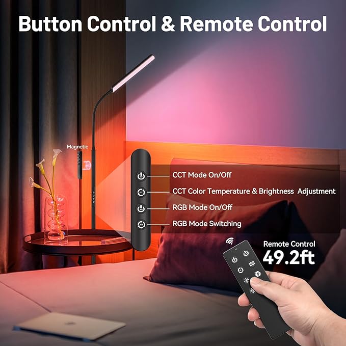 Dimunt LED Floor Lamp, 15W Super Bright RGB Corner Lamp, 3000K-6500K 4 Color Temps Dimmable Floor Lamp, Remote & Touch Control, 1 Hour Timer, Adjustable Gooseneck Standing Lamp for Living Room Home