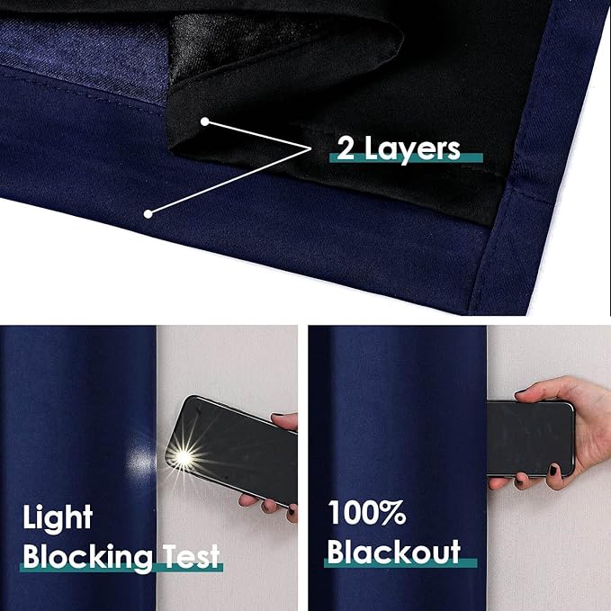ChrisDowa 100% Blackout Curtains 102 inch Long for Bedroom with Black Liner, 2 Thick Layers Total Blackout Thermal Insulated Grommet Window Curtains 2 Panels Set (Navy Blue, 52 x 102 Inch)