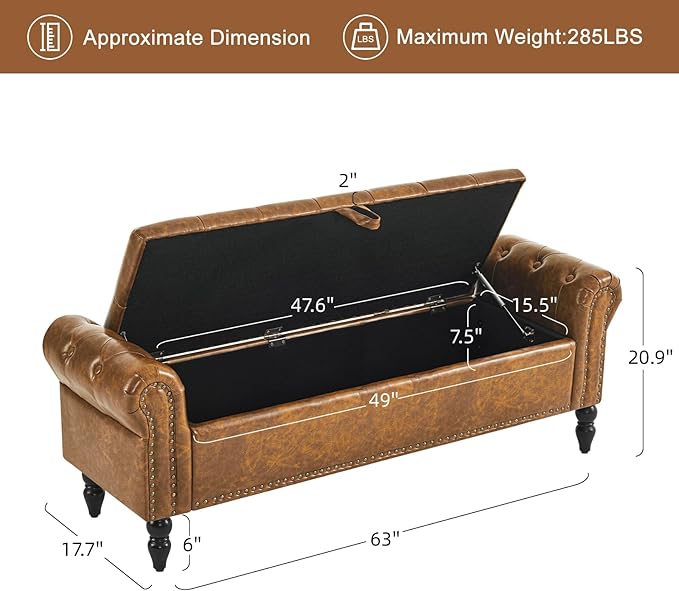 Furniliving 63” End of Bed Bench, Bedroom Bench with Button-Tufted, Large Upholstered Storage Ottoman Benches Entryway Bench with Storage Shoe Cabinet Bench, for Bedroom, Living Room, PU, Brown