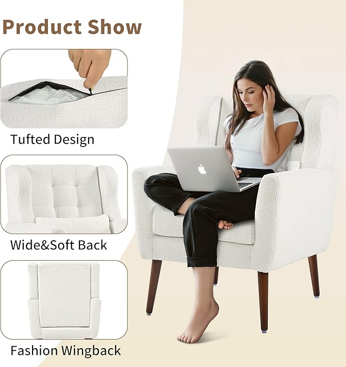 Modern Accent Chair, Upholstered Arm Chair with Waist Pillow, Single Sofa Chair for Living Room Bedroom Small Spaces (White)