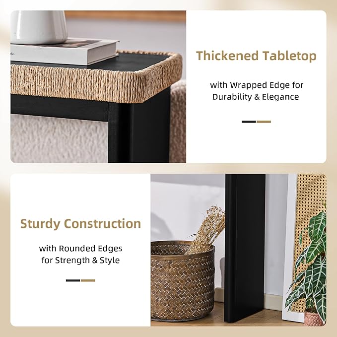 43" Wood Console Table for Entryway, Farmhouse Narrow Entry Tables with Rattan Decor, Boho Skinny Couch Table Behind Sofa for Living Room, Hallway, Foyer, Black