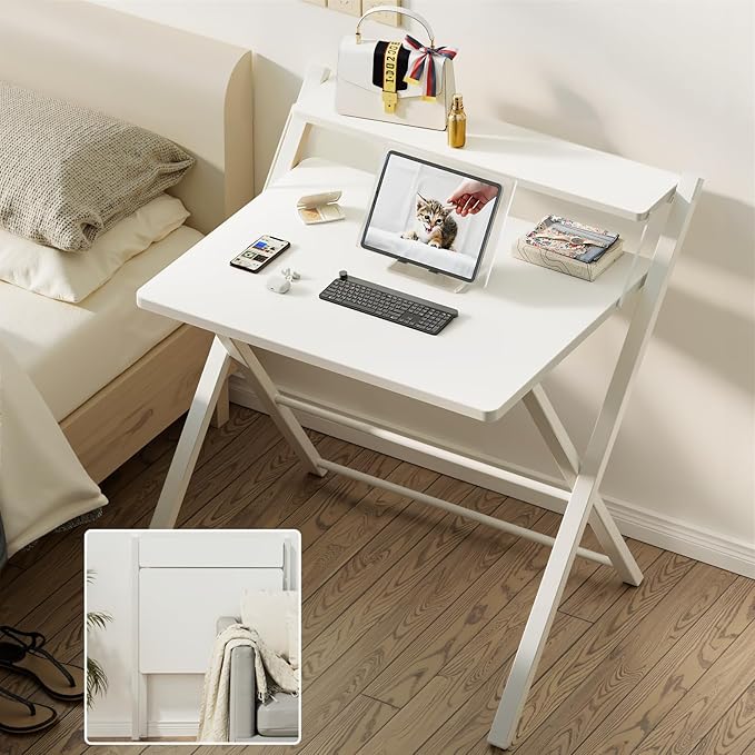 GreenForest Folding Desk No Assembly Required Large Size, 2-Tier Foldable Computer Desk with Shelf for Home Office, Space Saving Portable Laptop Study Foldable Table for Bedroom, White