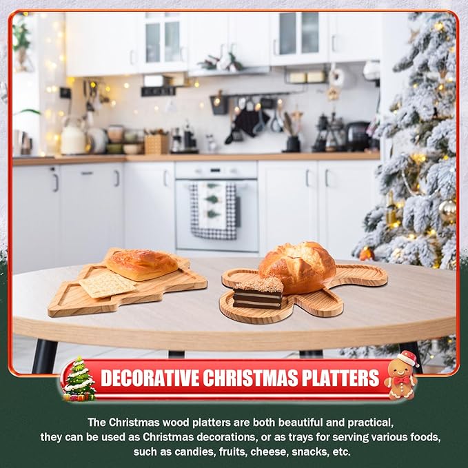 FOBSME 2 Pcs Christmas Wooden Serving Platters Christmas Tree and Gingerbread Man Charcuterie Boards Decorative Wood Trays Christmas Wood Snack Dish Plates for Xmas Holiday Housewarming Present