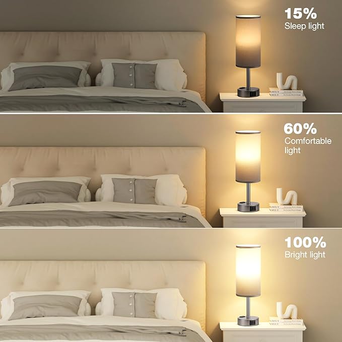 Fenmzee Grey Bedside Table Lamp for Bedroom - 3 Way Dimmable Touch Lamp USB C Charging Ports and AC Outlet, Small Lamp for Living Room, Desk, LED Bulb Included