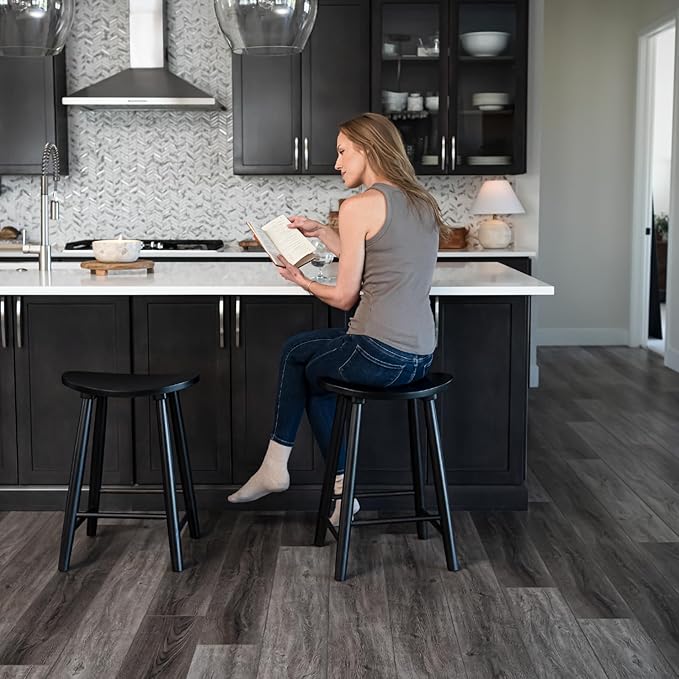 Maven Lane Luna Counter Stool Set of 4 – 26 Inch Round Stools with Footrest – Black Solid Wood – Space-Saving Design for Kitchen Counters & Islands, Ideal for Apartments, Dorms & Compact Living