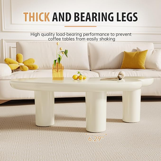 42.24" Cloud Shaped Coffee Table, Unique Style Center Table, Small End Table, Modern Irregular Coffee Table with 3 Legs for Small Space, Living Room, Easy Assembly, Cream White