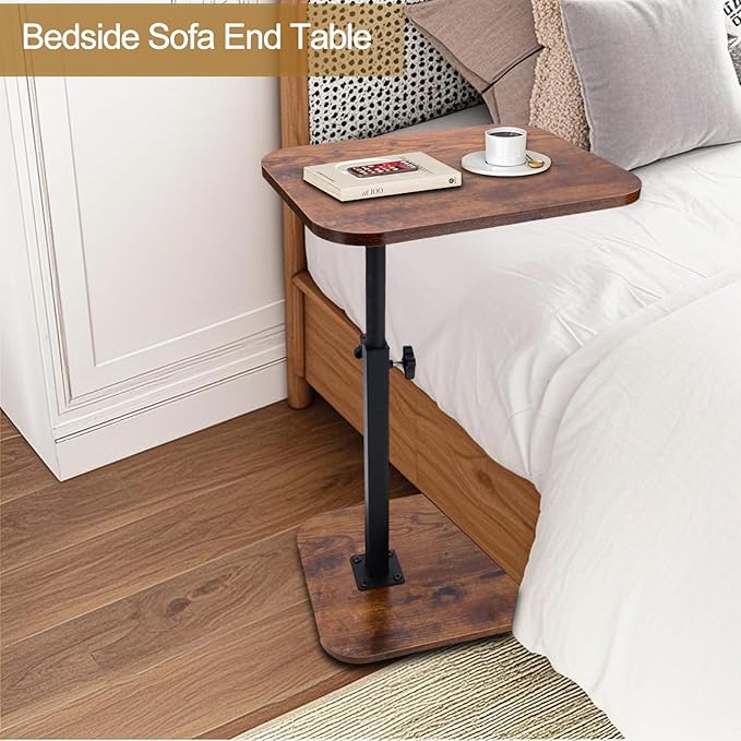 C Shaped End Table for Couch, 360° Swivel Height Adjustable TV Tray for Livingroom,Bedroom,Study and Small Spaces(Vintage Brown)