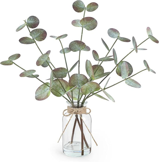 Fall Fake Eucalyptus Stems in Glass Vase with Faux Water 14" Fake Fall Plants with Artificial Eucalyptus Leaves Fall Decorations for Home Bathroom Desk Coffee Table Centerpiece Office Farmhouse Decor