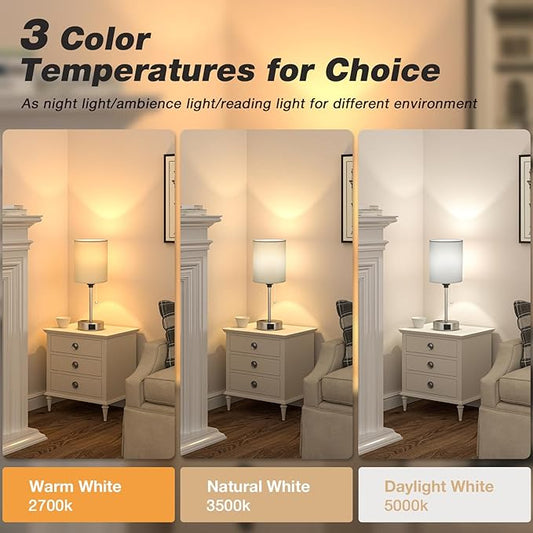 Grey Bedroom Lamp for Nightstand - 3 Color Temperature Table Lamp with USB C and A Ports, Pull Chain Bedside Lamp with AC Outlet, Desk Lamp with Silver Metal Base for Kids Girls