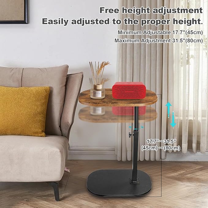 Side Table TV Tray for Couch,Height Adjustable 360° Swivel C Shaped End Table for Small Spaces,Bedside Bathroom Living Room (Vintage Brown)