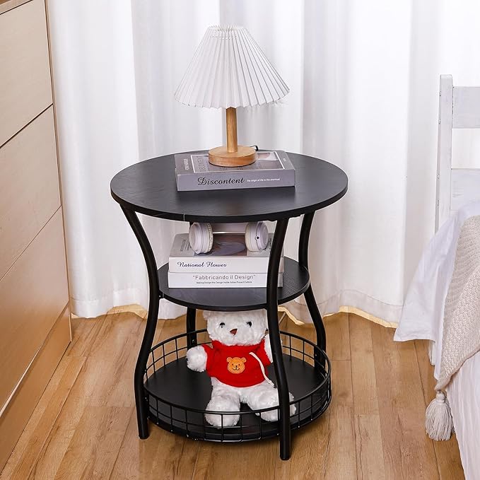 Round Side Table, 3-Tier Accent End Table with Storage Shelf, Corner Sofa Beside Table for Small Spaces,Nightstand with Metal Frame for Living Room, Bedroom (Black)