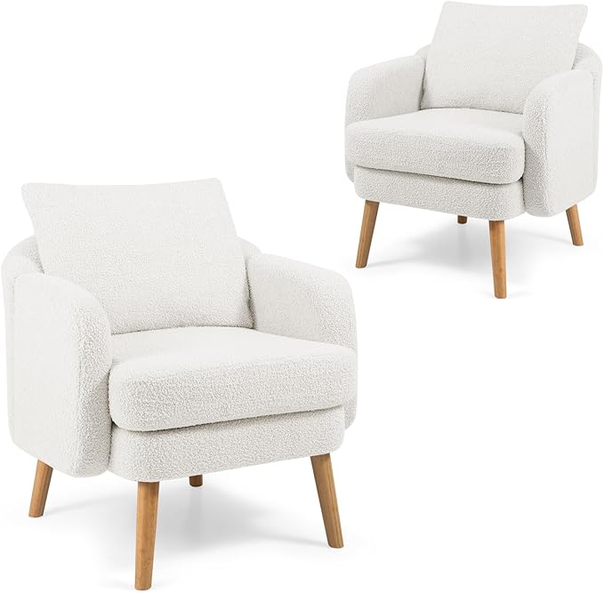 Giantex Sherpa Accent Chair Set of 2, Modern Upholstered Single Sofa Chair with Back Pillow & Solid Rubber Wood Legs, Teddy Barrel Arm Chair for Reading, Living Room, Bedroom, Office, White