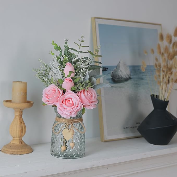 Faux Flowers with Vase,Artificial Silk Roses in Vase, Fake Plant Eucalyptus Flower Arrangement for Home Office Farmhouse Bathroom Dining Table Centerpiece Decorations Coffee Table Decor (Pink)